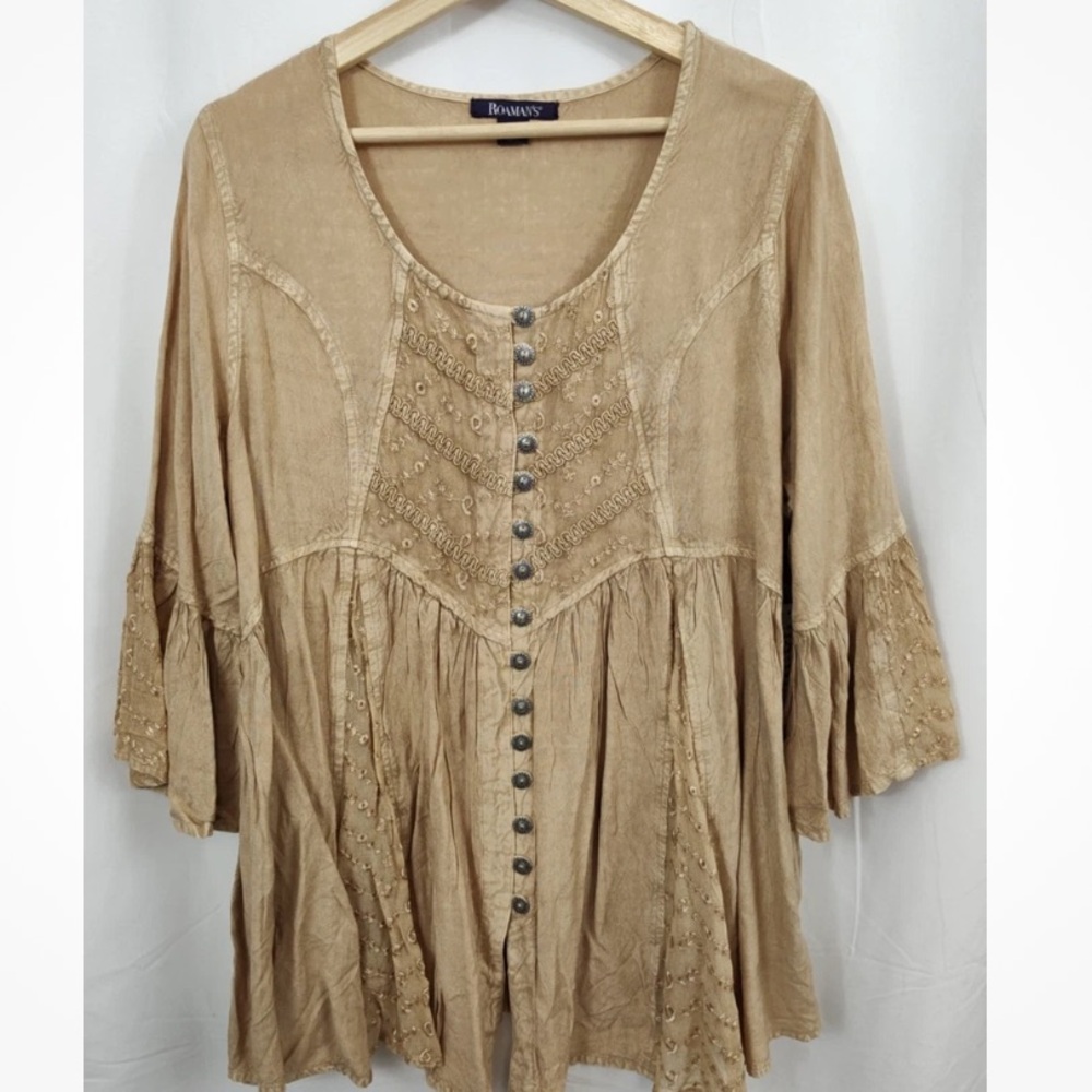 NWOT Roamans Rayon Blouse Women's Plus Size 18W Tan Embroidered Ruffled Sleeve